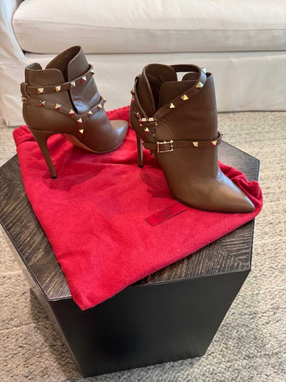 Valentino Garavani studded brown leather spike heel booties sz 38